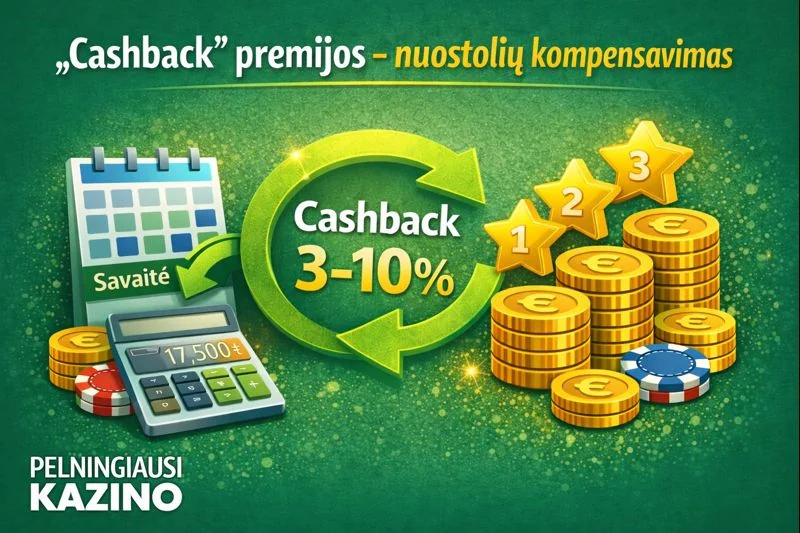 Cashback premijos kazino – 3–10 procentų nuostolių kompensavimas